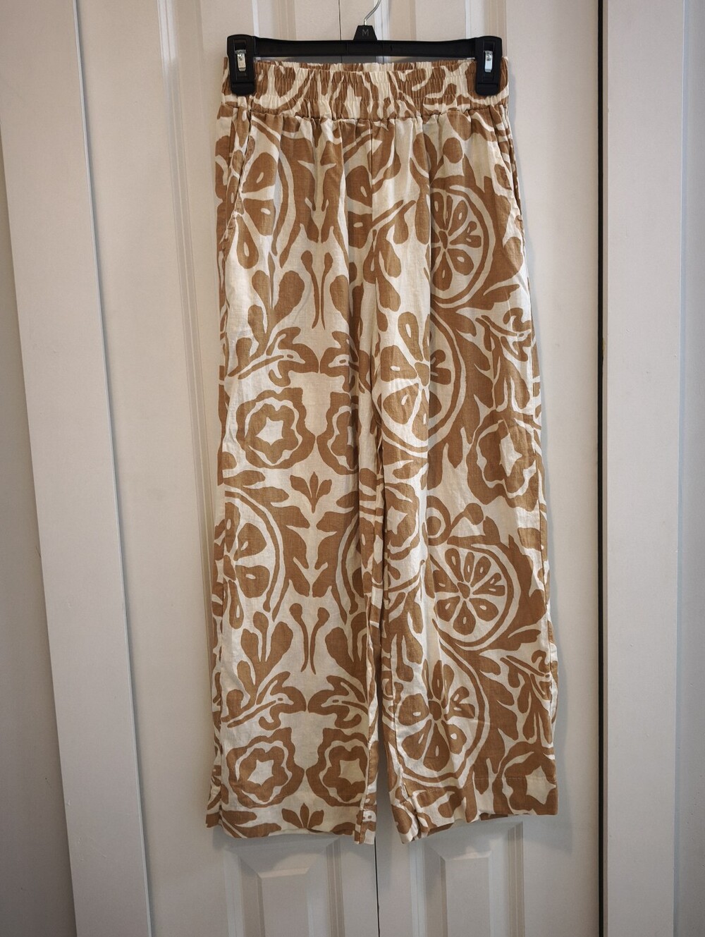 Christian Siriano Linen Blend Wide Leg Pants Tan Floral Pull On